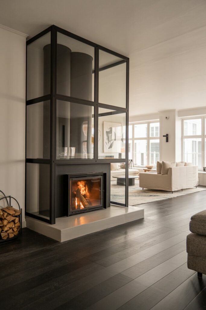 Black Frame Glass Fireplace