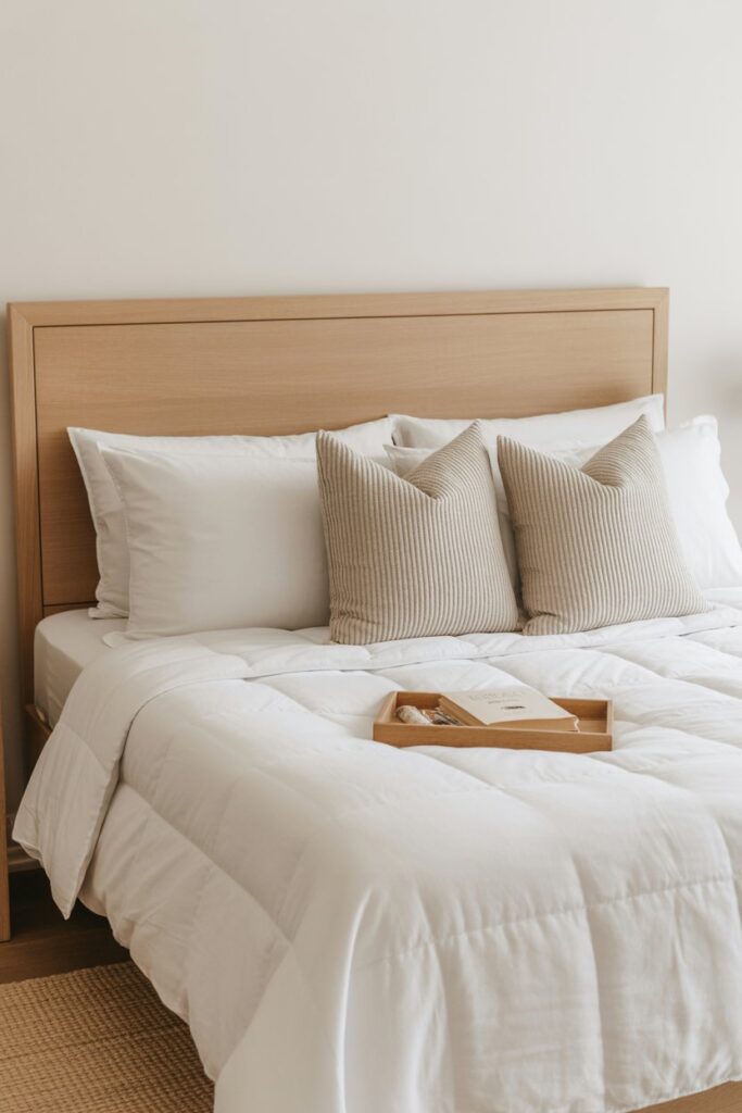 Clean White Bedding with Wood Accents