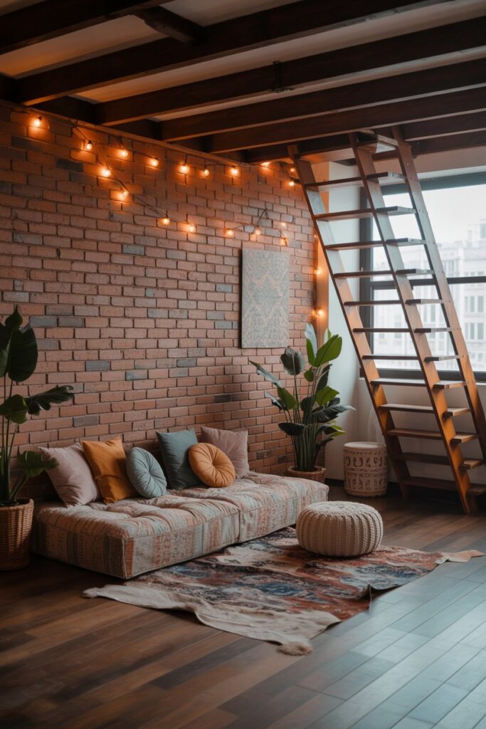 Compact Bohemian Loft with String Lights