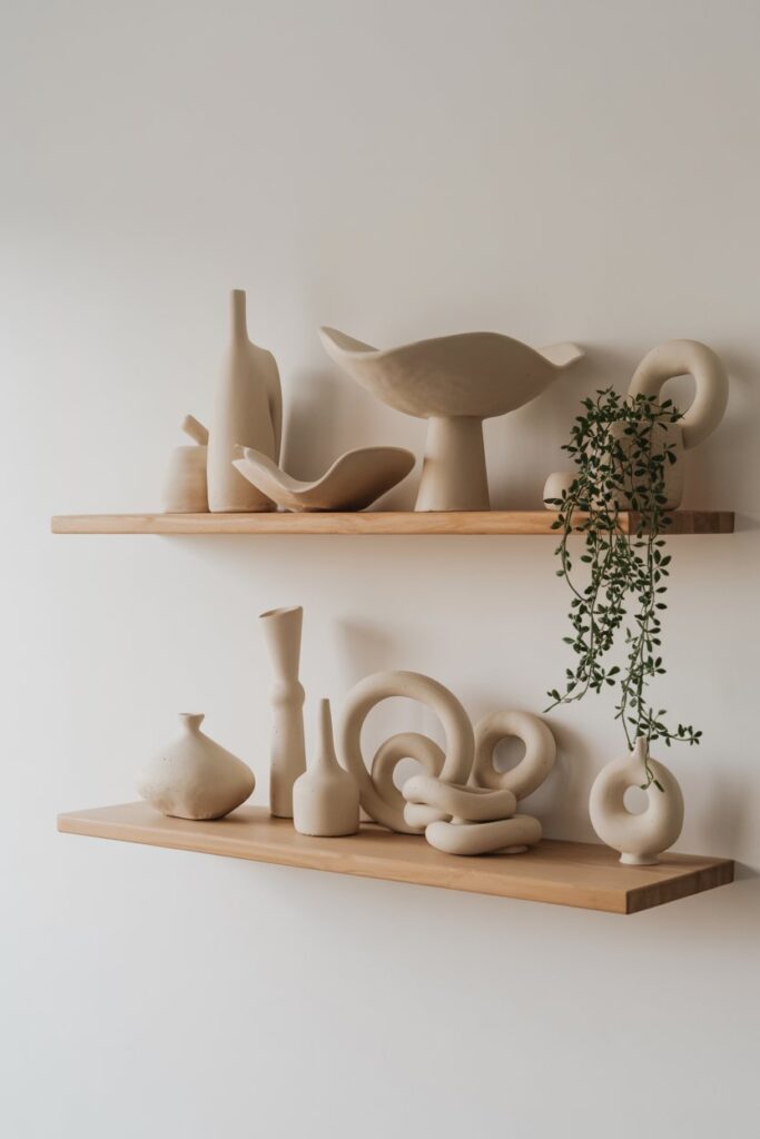 Floating Shelves with Artisan Ceramics