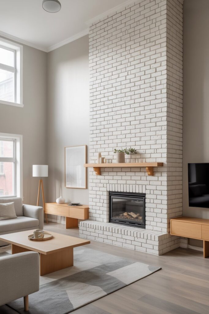 Floor-to-Ceiling White Brick Fireplace