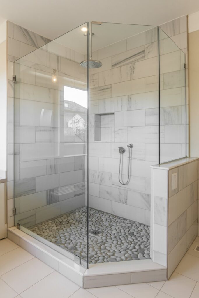 Frameless Glass Walk-In Shower with Pebble Floor