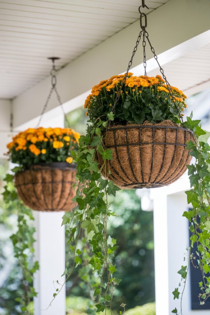 Hanging Baskets with Trailing Ivy and Mums
