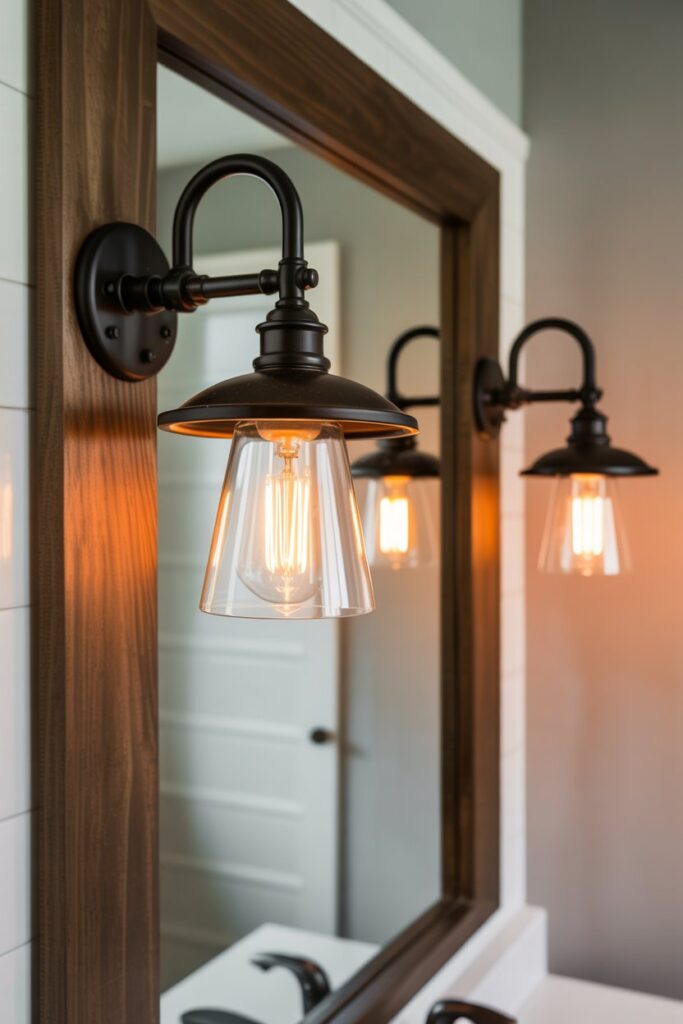 Matte Black Industrial Sconces and Framed Mirrors