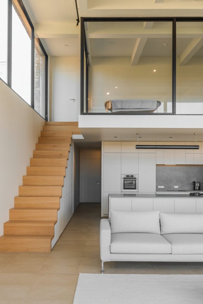Minimalist Loft with Natural Wood Stairs