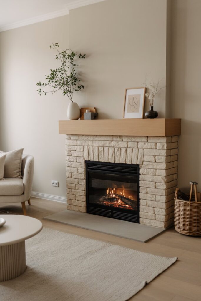 Natural Stone Surround with Wood Mantel