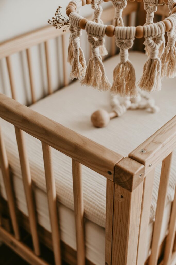 Rustic Wooden Crib with Macrame Mobile