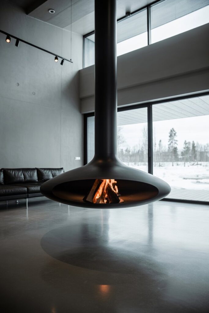 Sleek Black Steel Suspended Fireplace