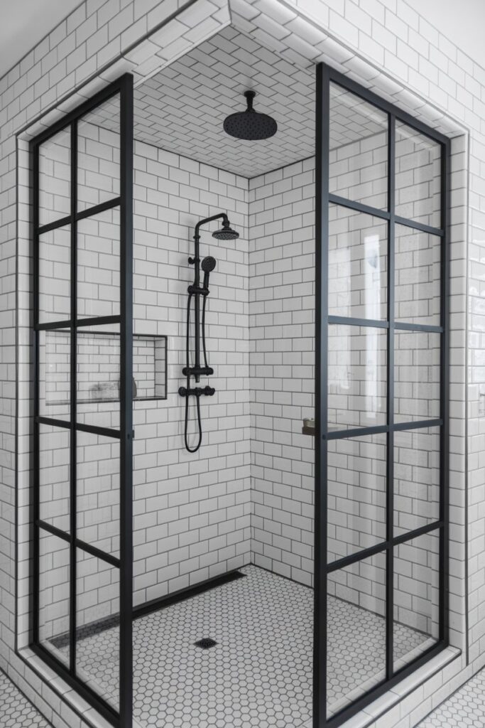 Walk-In Shower with Black Crittall-Style Doors