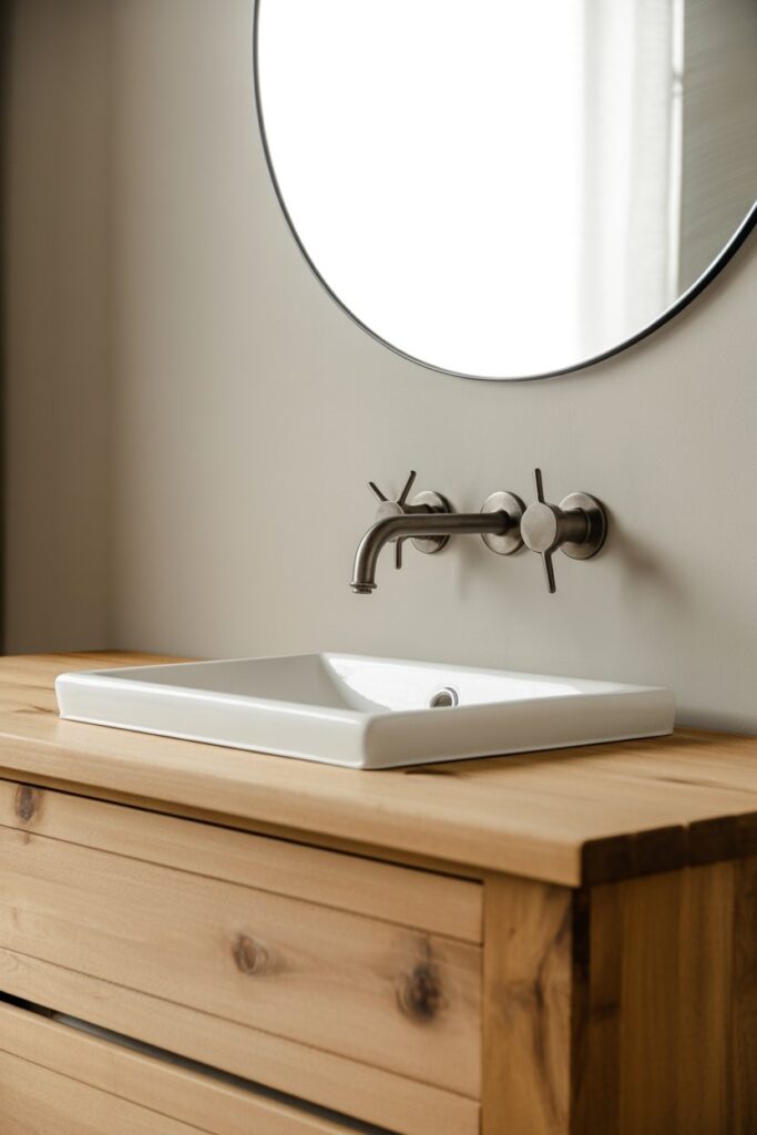 Wood Vanity with Black Matte Faucets