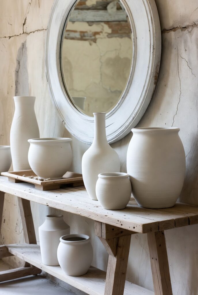Open Shelving and White Pottery Vignettes