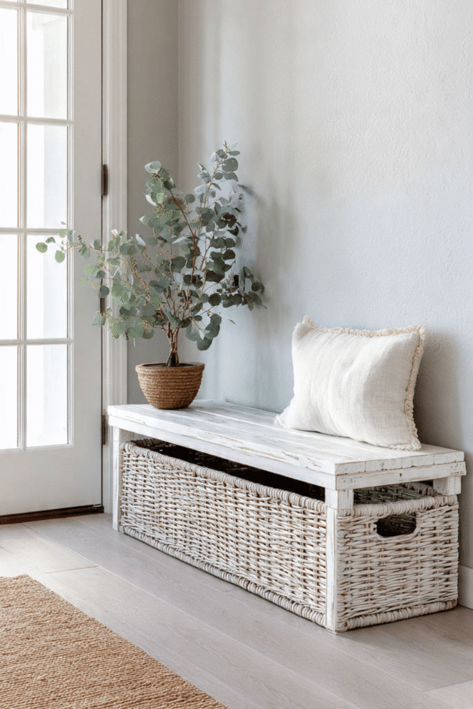 The Whitewashed Bench with Wicker Storage