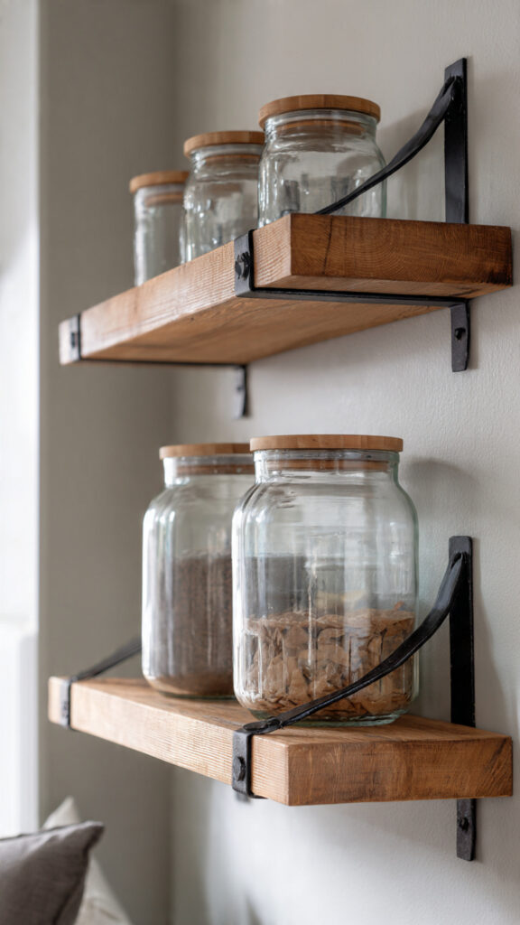 Chunky Pine Shelves with Black Strap Brackets