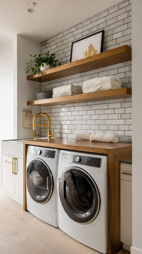 Chunky Timber Shelves over Tiled Backsplash