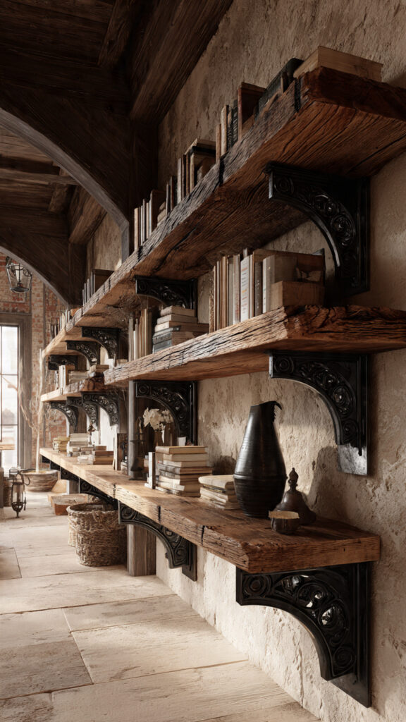 Rough-Sawn Timber Shelves with Iron Corbels